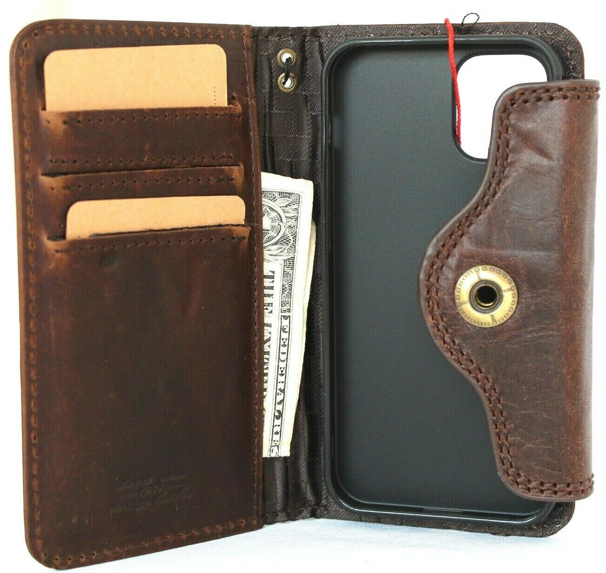 Genuine dark leather iPhone 12 Mini case by DAVISCASE with vintage design, card slots, slim soft closure, handmade phone wallet cover.