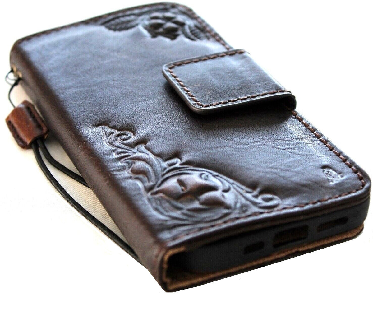 DavisCase handmade genuine leather wallet phone case for iPhone 11-15 Pro Max with ID window, credit card slots, vintage style.