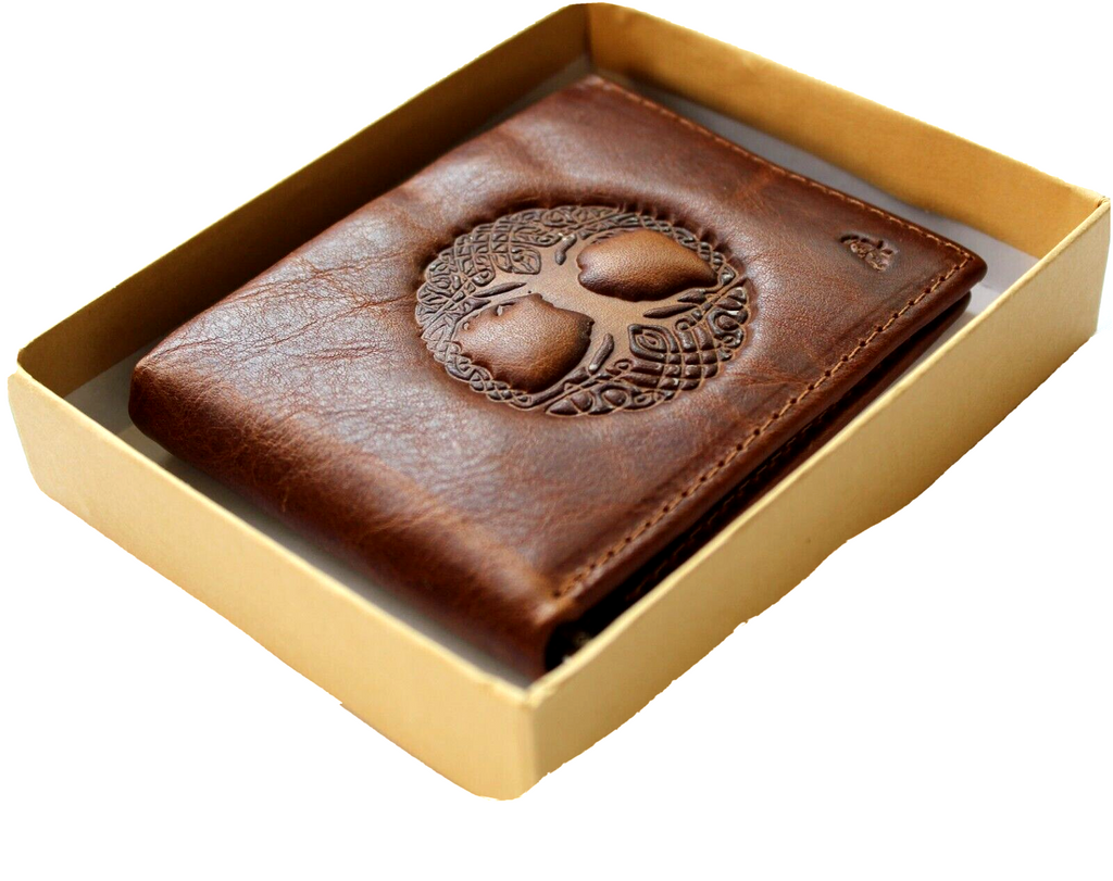 Men's genuine leather wallet by DAVISCASE with credit card slots, bill compartment, and Tree of Life design in tan, handmade luxury.