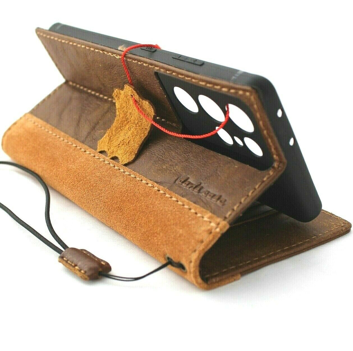 Genuine leather Samsung Galaxy S21 Ultra 5G wallet case by DAVISCASE with card slots, ID window, suede interior, and wireless charging holder