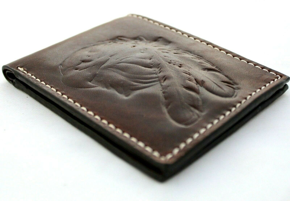 Genuine men's leather wallet by DAVISCASE featuring carved eagle motif, vintage billfold design with space for credit cards and cash.