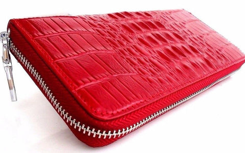 Véritable cuir véritable rouge femme sac à main portefeuille fermeture éclair pièces de monnaie cartes fentes sac crocodile design style daviscase
