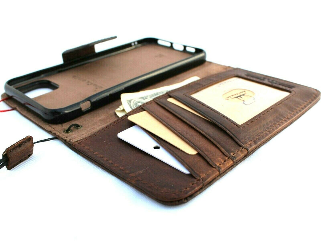Handmade genuine leather iPhone 11 Pro Max case with wallet credit holder, magnetic closure, soft interior, by DAVISCASE