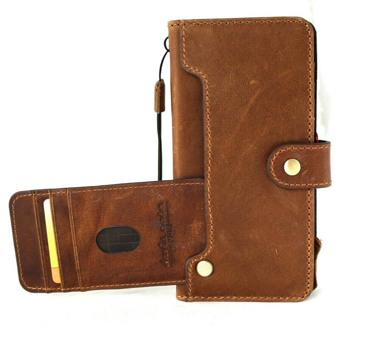 Genuine tan leather wallet phone case for Samsung Galaxy S21 Ultra 5G by DAVISCASE, handmade with rubber holder and wireless charging compatibility