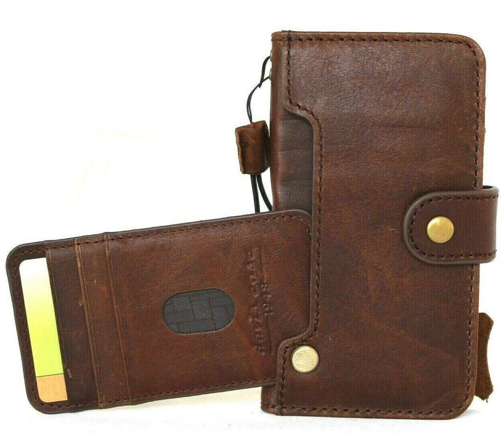 Full grain dark leather iPhone 12 Mini case by DAVISCASE with credit card slots, soft closure, vintage book wallet design.