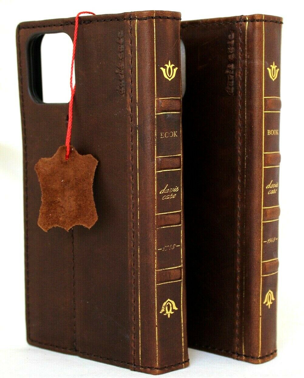 Vintage brown leather phone case for iPhone 12 Pro Max with wallet design, ID window, credit card slots, by DAVISCASE.