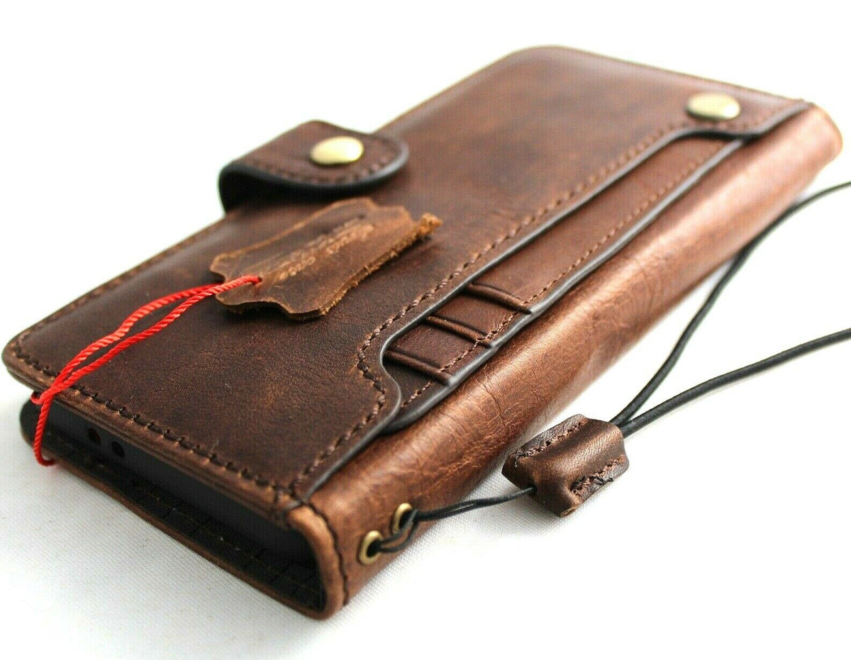 Handmade dark brown Italian leather phone case for Samsung Galaxy S21 by DavisCase, with wallet-style design and rubber holder.