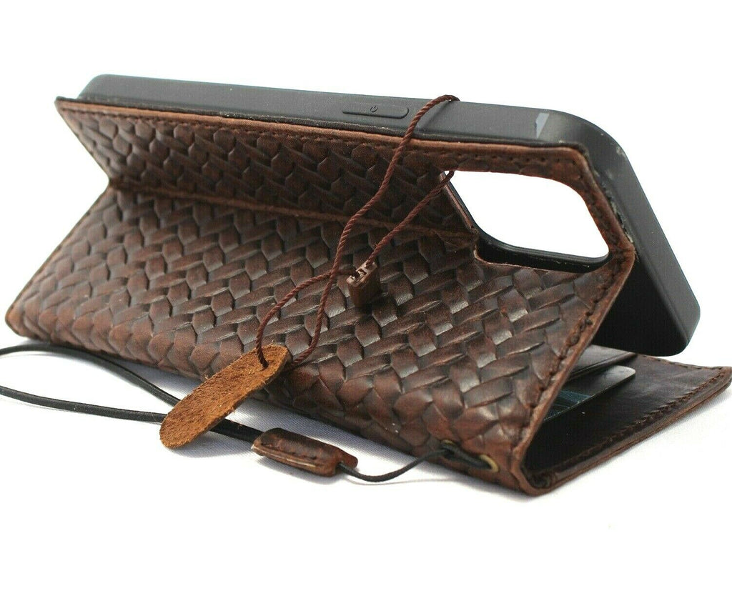 Vintage dark leather iPhone 12 Pro Max wallet case with ID window, credit card slots, soft slim design by DAVISCASE.