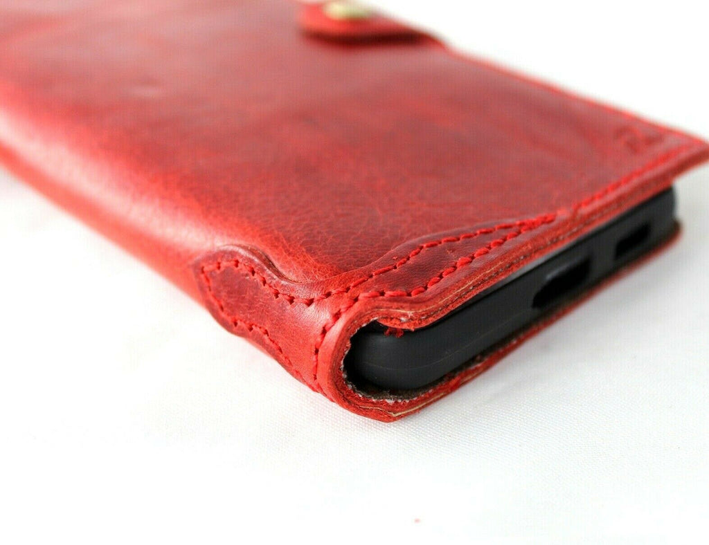 Handmade genuine leather Samsung Galaxy S21 Ultra 5G case with wallet, credit card slots, rubber holder, in red by DAVISCASE