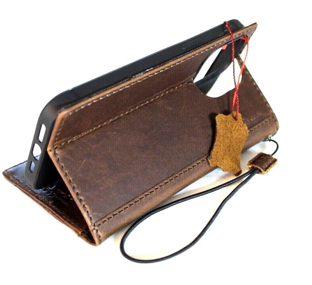 DavisCase genuine leather wallet phone case for iPhone models with card slots, vintage handcrafted design, full grain leather, dark stamped finish