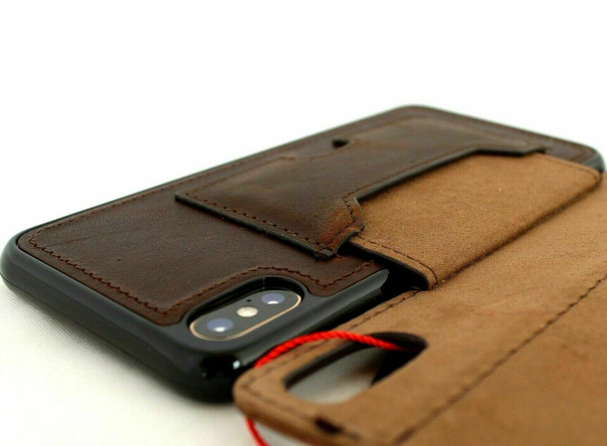 Genuine dark leather Apple iPhone XS case by DAVISCASE with wallet-style design, magnetic closure, and removable credit card holder.