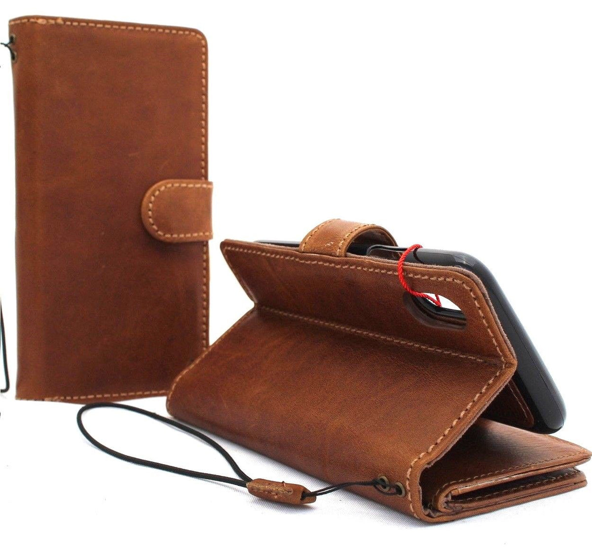 Tan genuine leather iPhone XR case cover with magnetic wallet holder, slim, soft, and detachable by DAVISCASE.