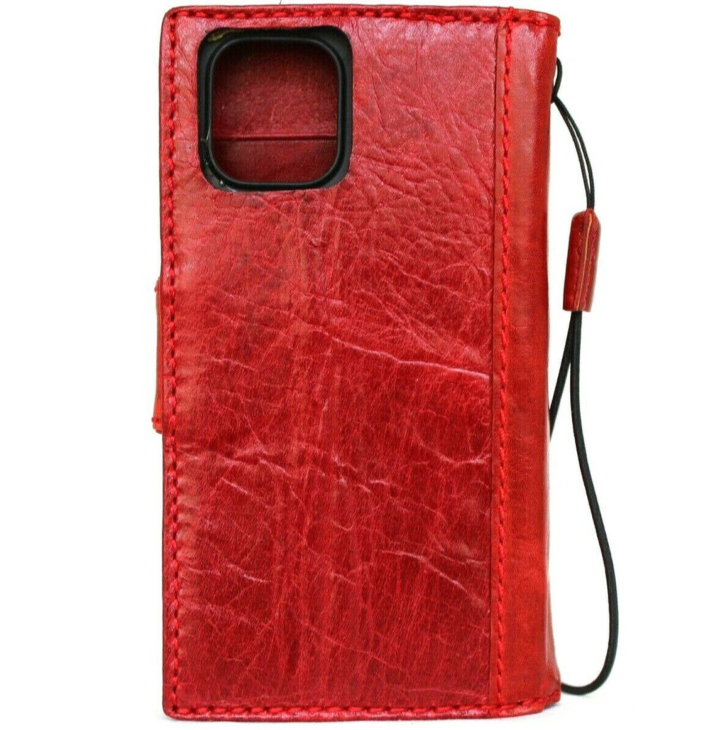 Genuine red leather iPhone 12 Mini wallet case with magnetic closure, slim soft cover, handmade by DAVISCASE.