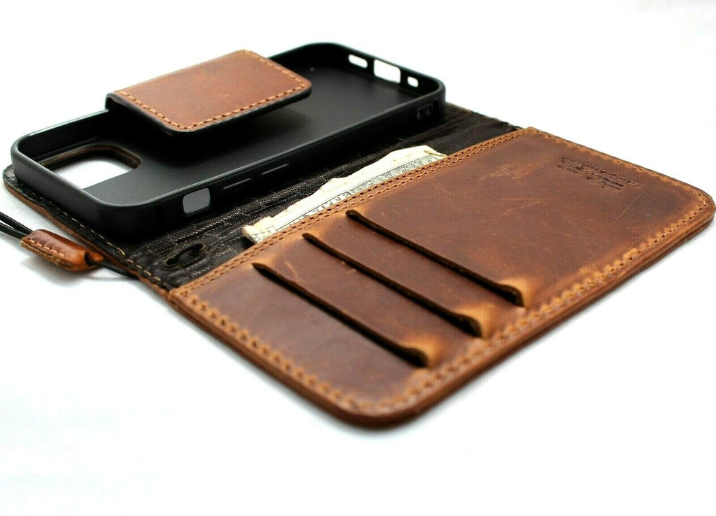 Genuine full tan leather wallet case for iPhone 12 mini by DAVISCASE, vintage style with credit card slots and magnetic closure.