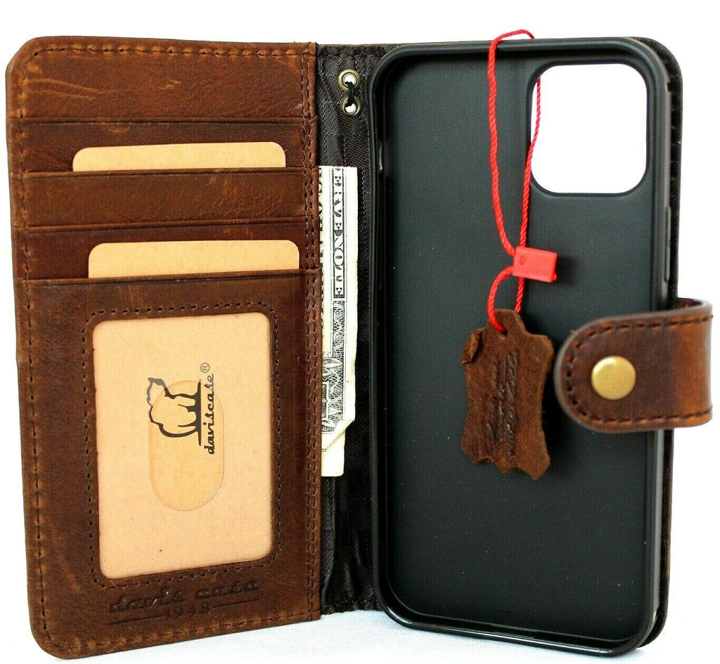 Handmade genuine dark leather iPhone 12 Pro case with vintage style, ID window, credit card slots, soft full grain DavisCase.