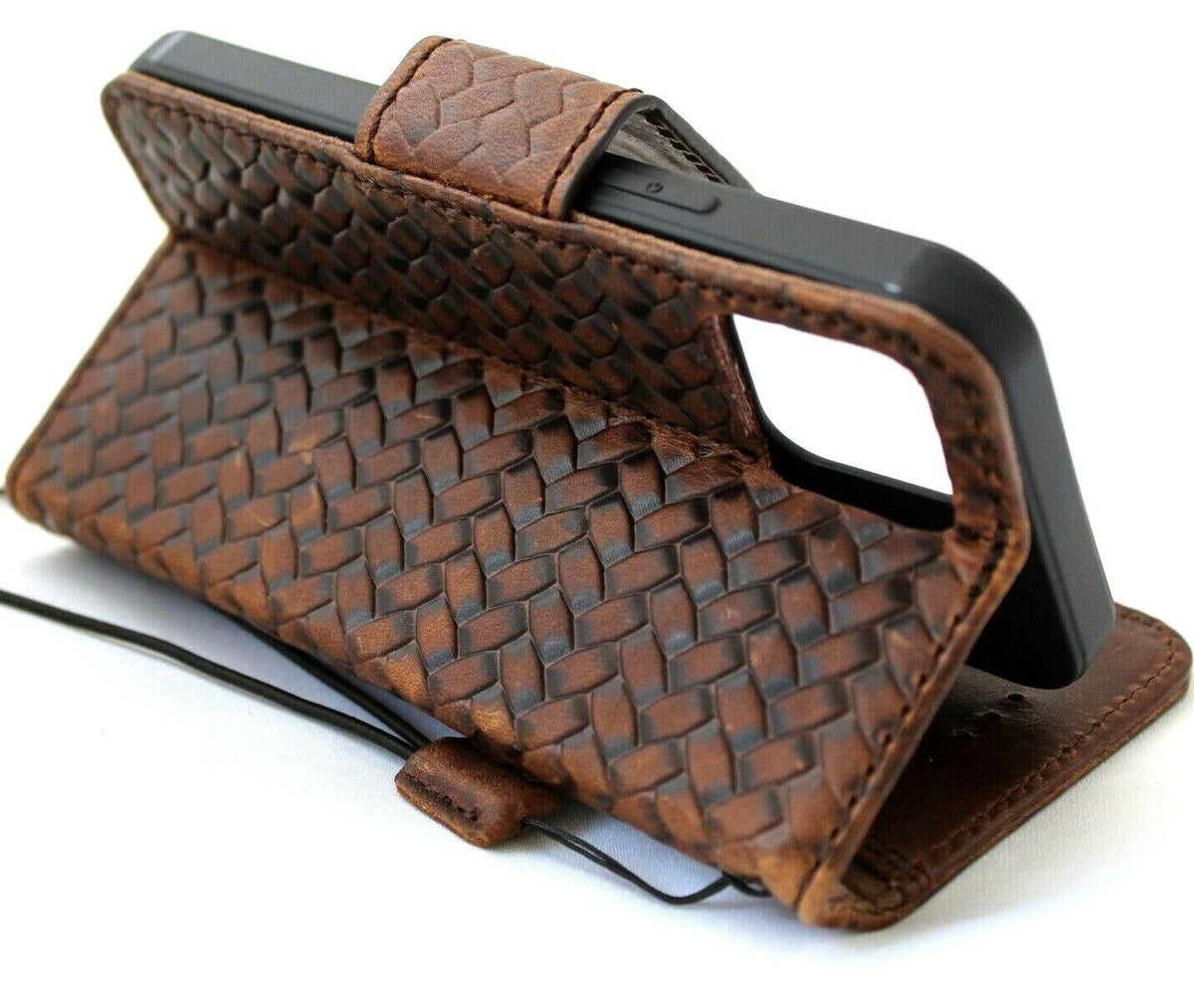 Genuine soft dark leather iPhone 12 Pro case by DAVISCASE with vintage design, ID window, credit card slots, and magnetic closure.