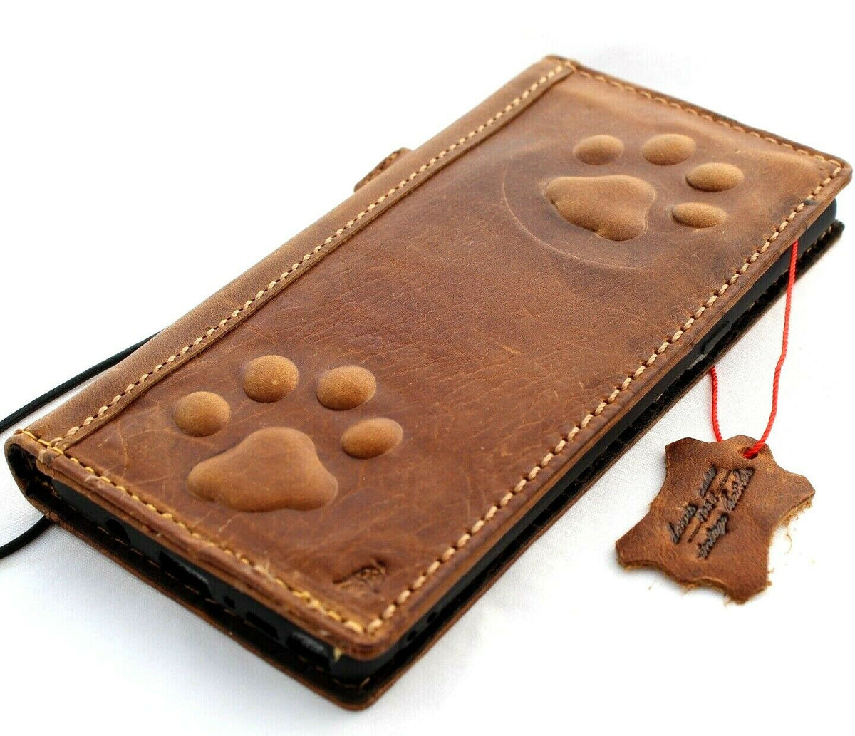DAVISCASE genuine leather phone case for iPhone 11-15, Galaxy S22, Note 8-10, with vintage leather wallet design and dog paw bear accents