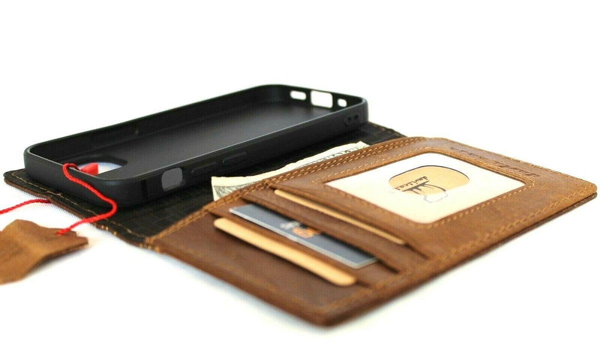 Genuine tan leather iPhone 12 Mini case by DAVISCASE with vintage Bible-style design, slim soft cover, and card slots.