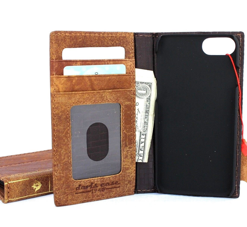 Genuine full leather iPhone 8 case with vintage book-style wallet design, slim fit, and space for cards, compatible with wireless charging.