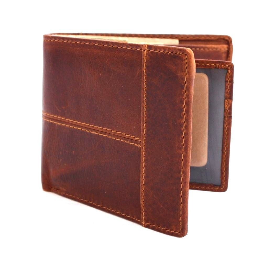 Men's full leather wallet by DAVISCASE with 8 credit card slots, ID window, and two bill sections in tan color.