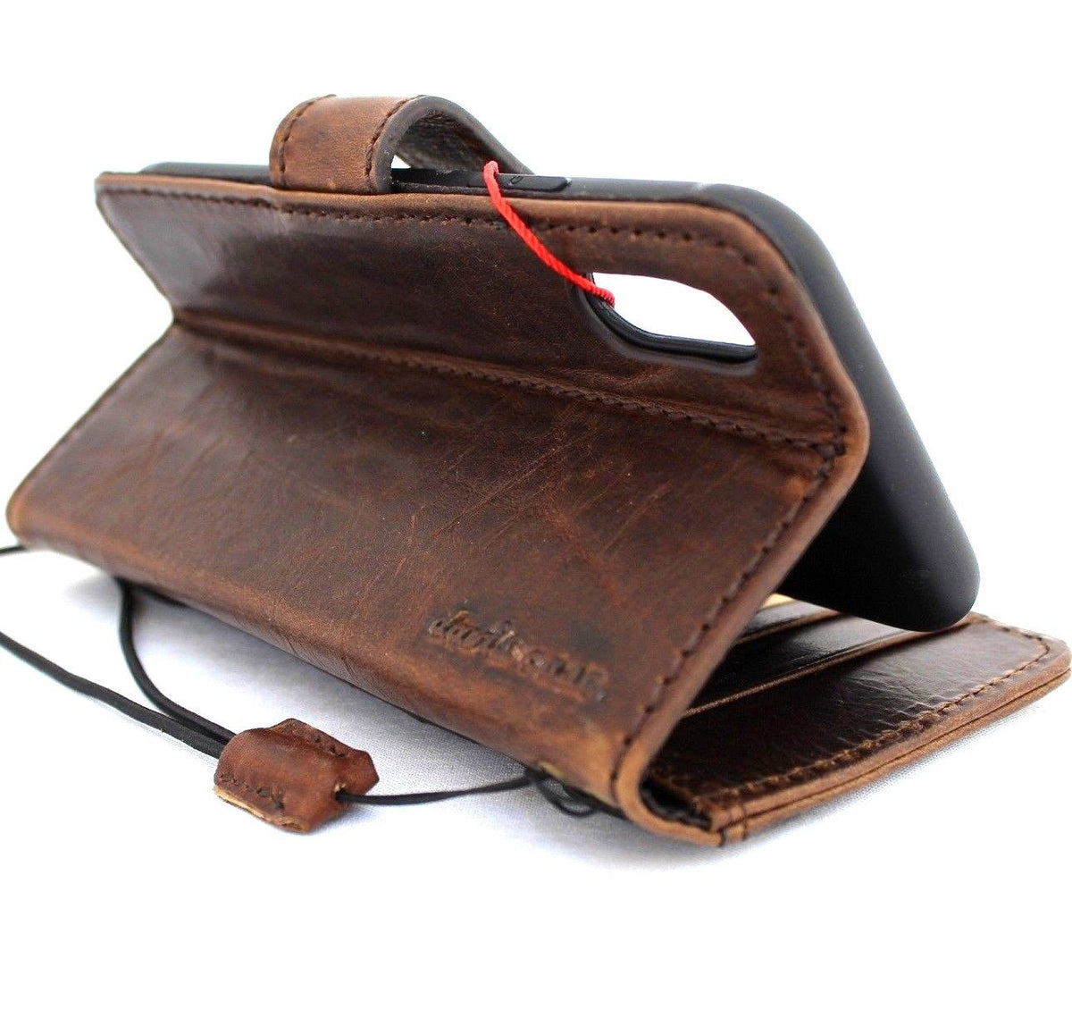 Genuine leather iPhone XS case cover with vintage wallet design, handmade strap, wireless closure, by DAVISCASE.