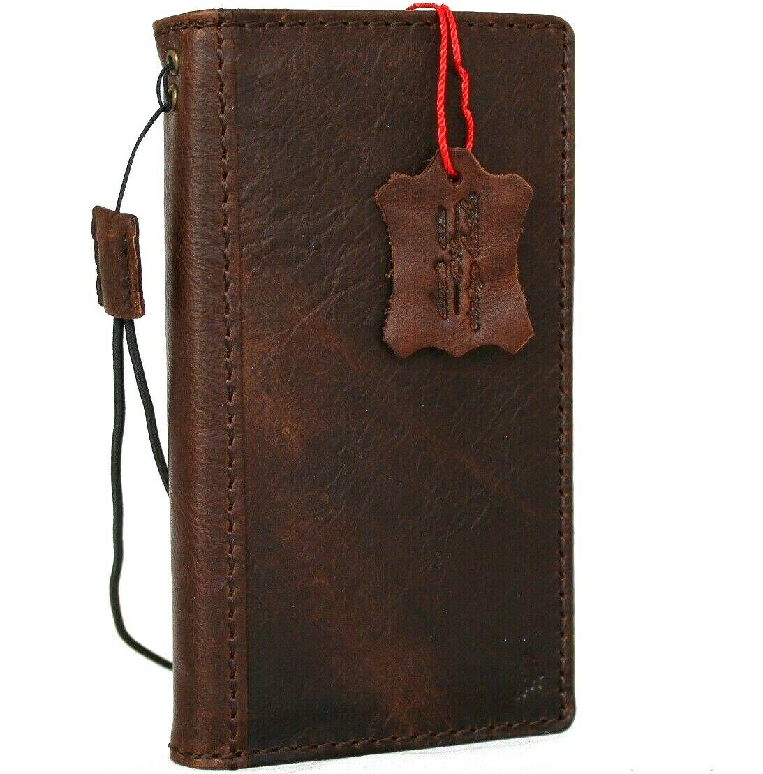 Dark natural leather phone case for iPhone 12 Mini by DAVISCASE, vintage design, slim soft cover with card slots.