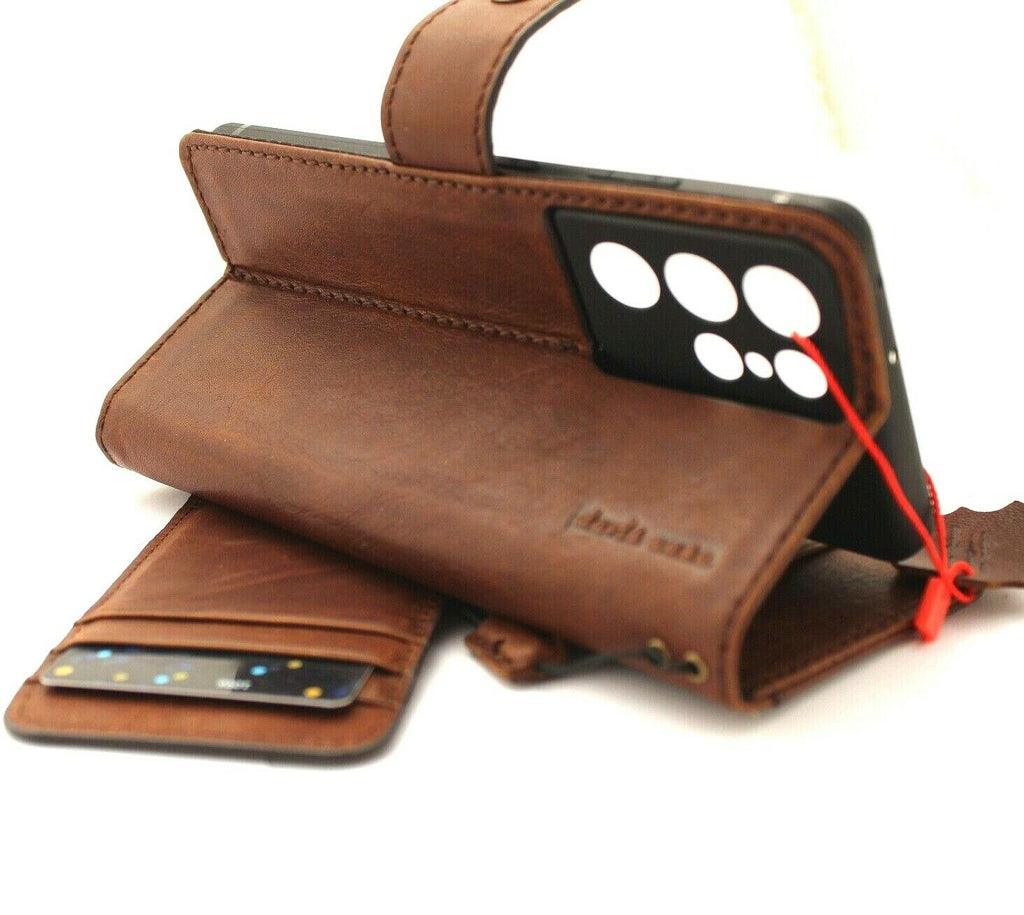 Handmade genuine leather wallet case for Samsung Galaxy S21 Ultra 5G, with rubber holder and wireless charging compatibility by DAVISCASE.