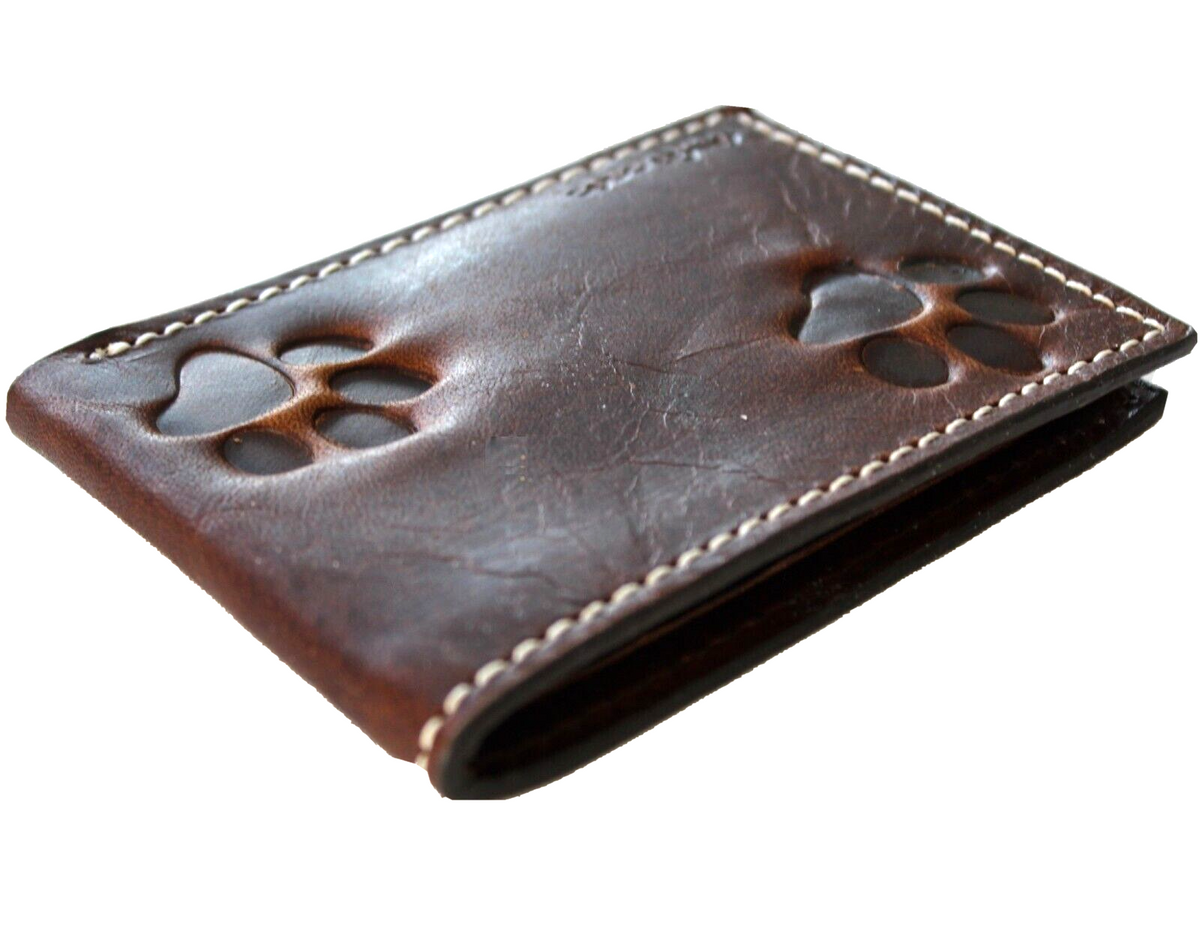 Men's genuine leather wallet by DAVISCASE with credit card slots, bill compartment, decorated with dog and cat paw designs in brown leather.