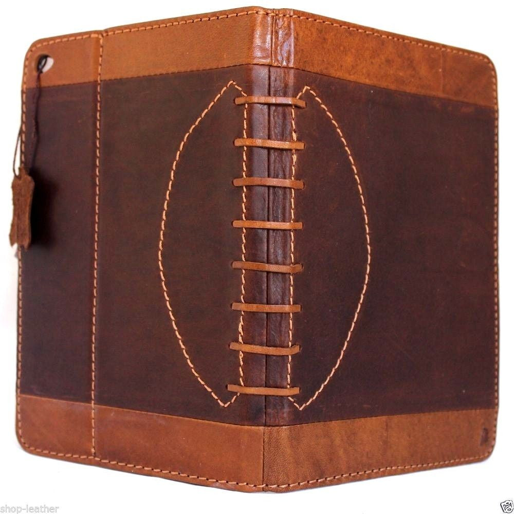 Genuine brown leather iPad Mini 4 case with slim, sporty football design, offering stylish protection for your device.