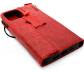 Handmade genuine red leather iPhone 11 Pro Max wallet case with credit card slots, rubber strap, and wireless charging compatibility.