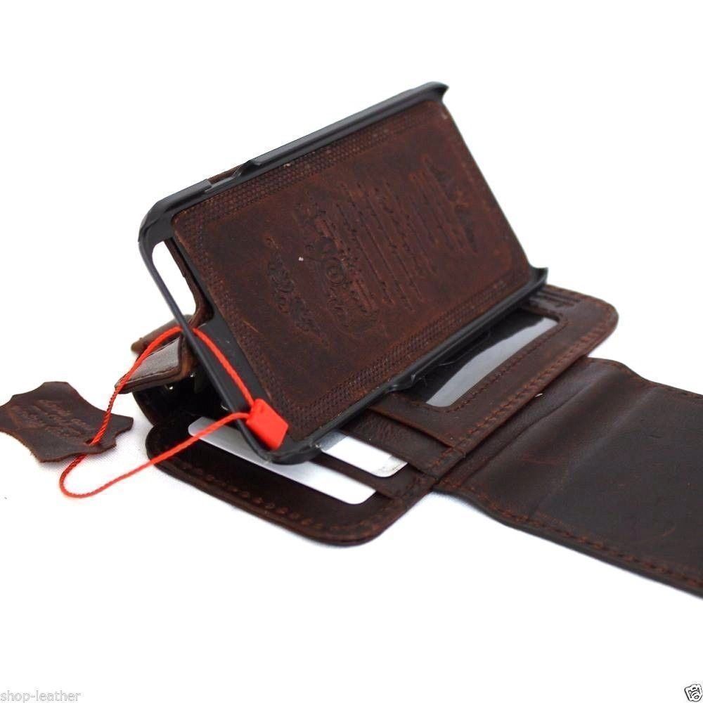 Dark brown genuine leather iPhone 8 case by DavisCase with a wallet cover, card slots, magnetic closure, and a slim, classic design.