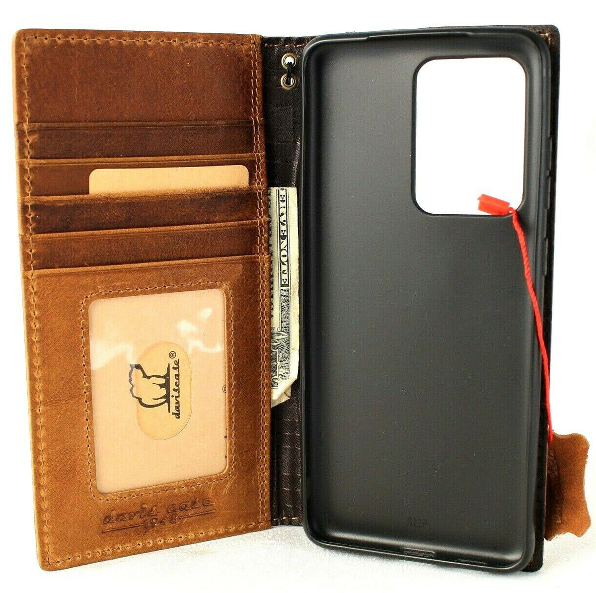 Leather wallet case for Samsung Galaxy S20 Ultra by DAVISCASE with card slots, wireless charging holder, and luxurious design.