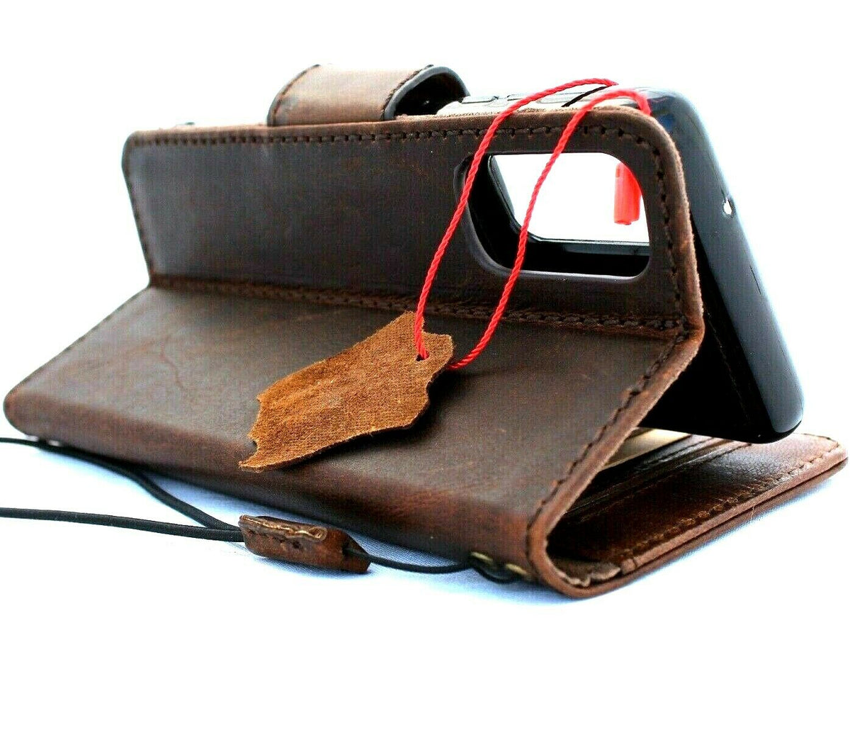 Samsung Galaxy S20 genuine leather case by DavisCase with wallet slots, removable holder, soft interior, and wireless charging compatibility.