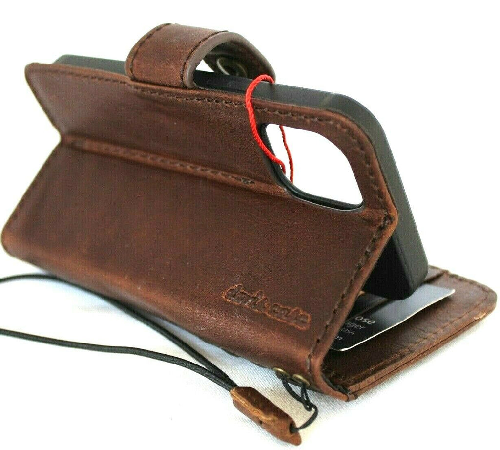 Genuine full dark leather iPhone 12 Mini case by DAVISCASE with vintage book wallet design, card slots, soft closure, and slim profile.