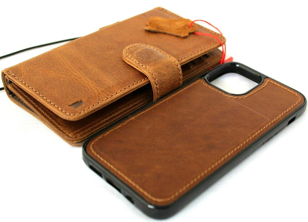 Genuine tan leather iPhone 12 case by DAVISCASE with book wallet design, credit card slots, soft magnetic cover, full grain leather