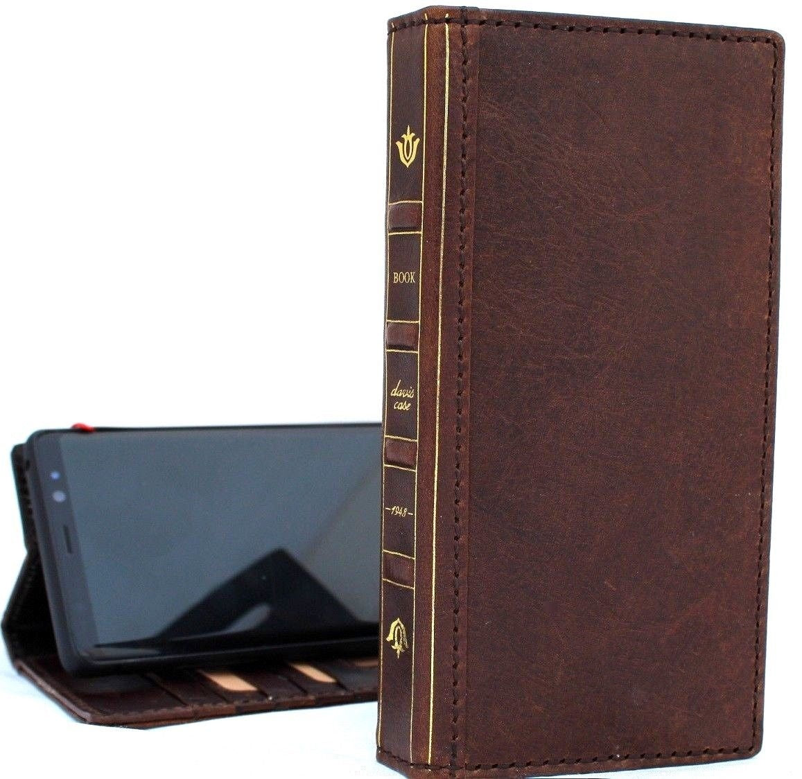 Handmade vintage leather Samsung Galaxy Note 8 case with card slots, wallet design, slim fit, soft texture, and wireless charging compatibility.