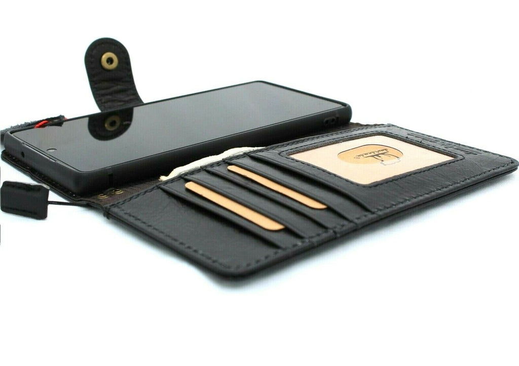DavisCase genuine black leather Galaxy Note 20 5G wallet cover with ID window, card holder, and soft vintage design.
