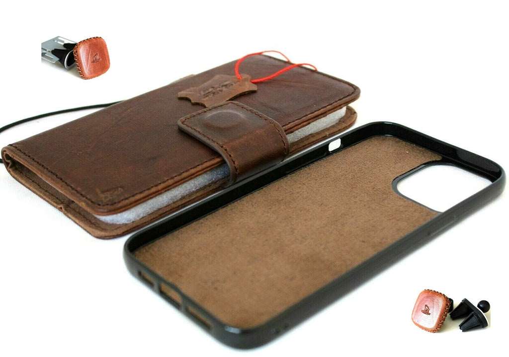 Genuine soft dark leather iPhone 12 Pro Max case with wallet design, ID window, credit card slots, and magnetic cover by DAVISCASE.