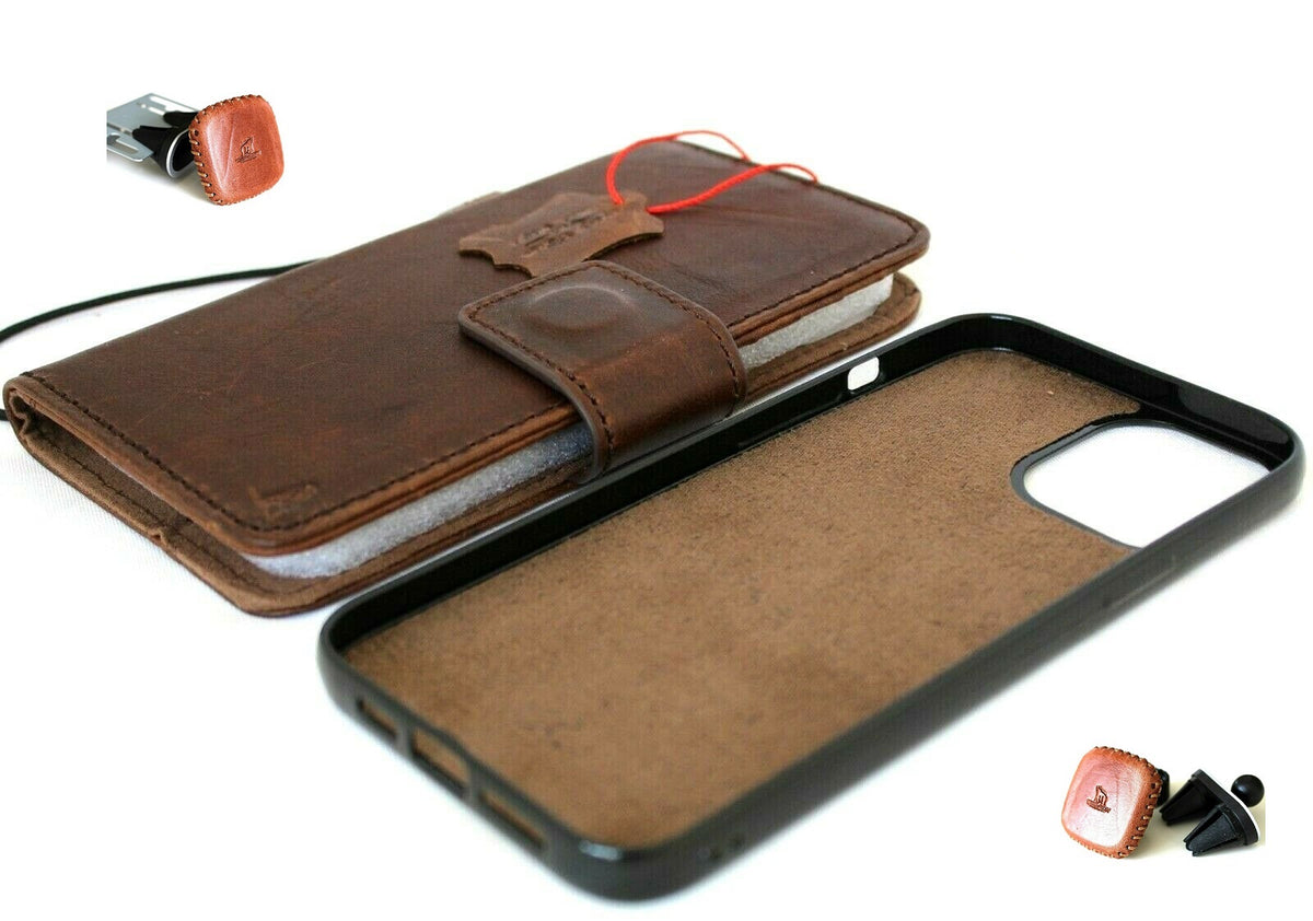 Genuine soft dark leather iPhone 12 Pro Max case with wallet design, ID window, credit card slots, and magnetic cover by DAVISCASE.
