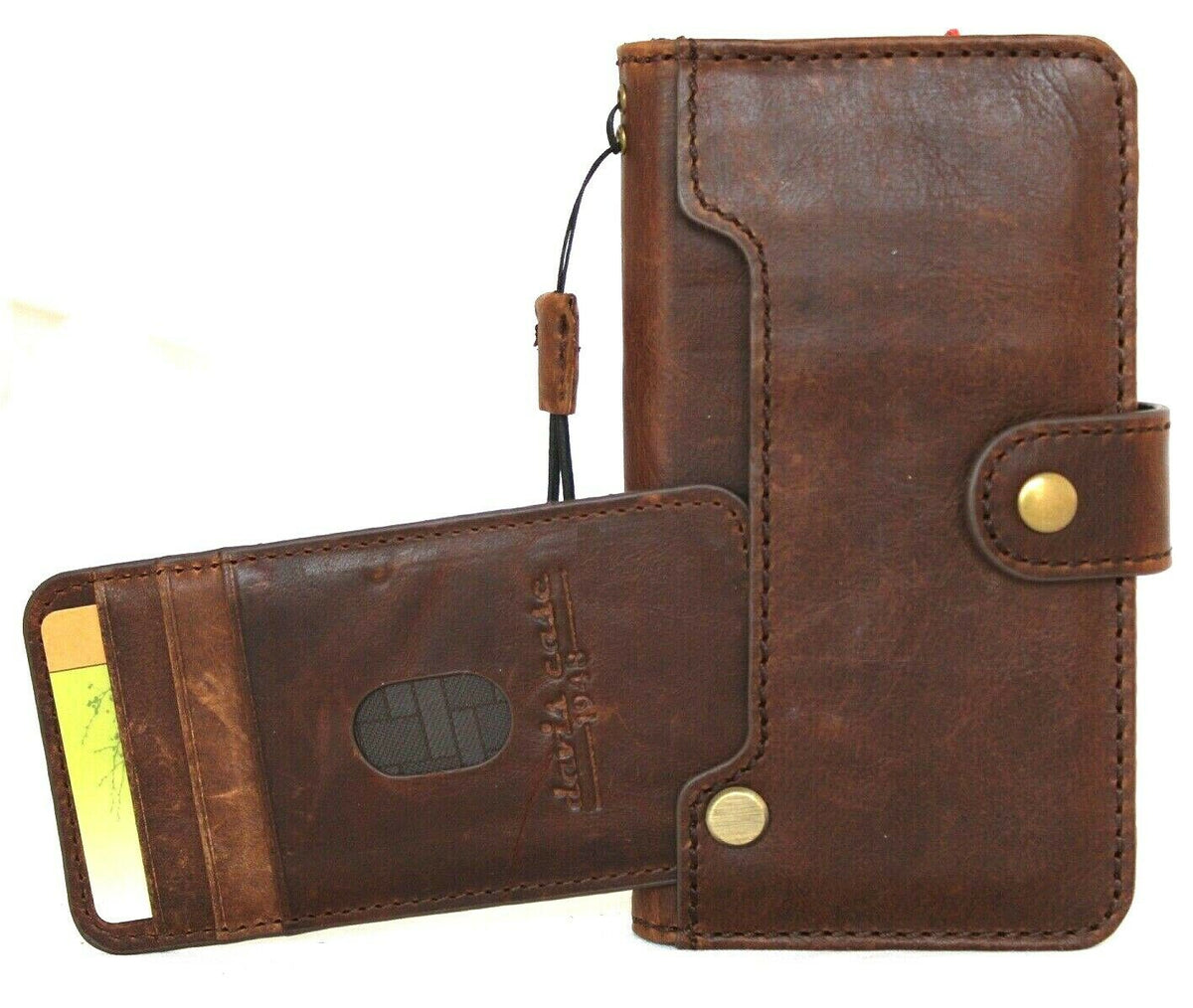 Handmade genuine dark leather iPhone 12 case with wallet features, ID window, credit card slots, vintage design by DAVISCASE