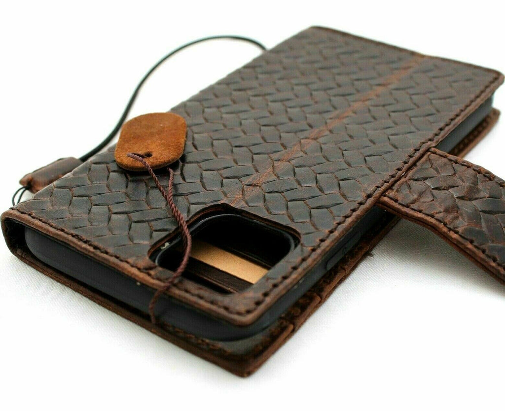Genuine dark leather iPhone 12 Pro case by DAVISCASE with vintage braid design, ID window, credit card slots, and magnetic closure.