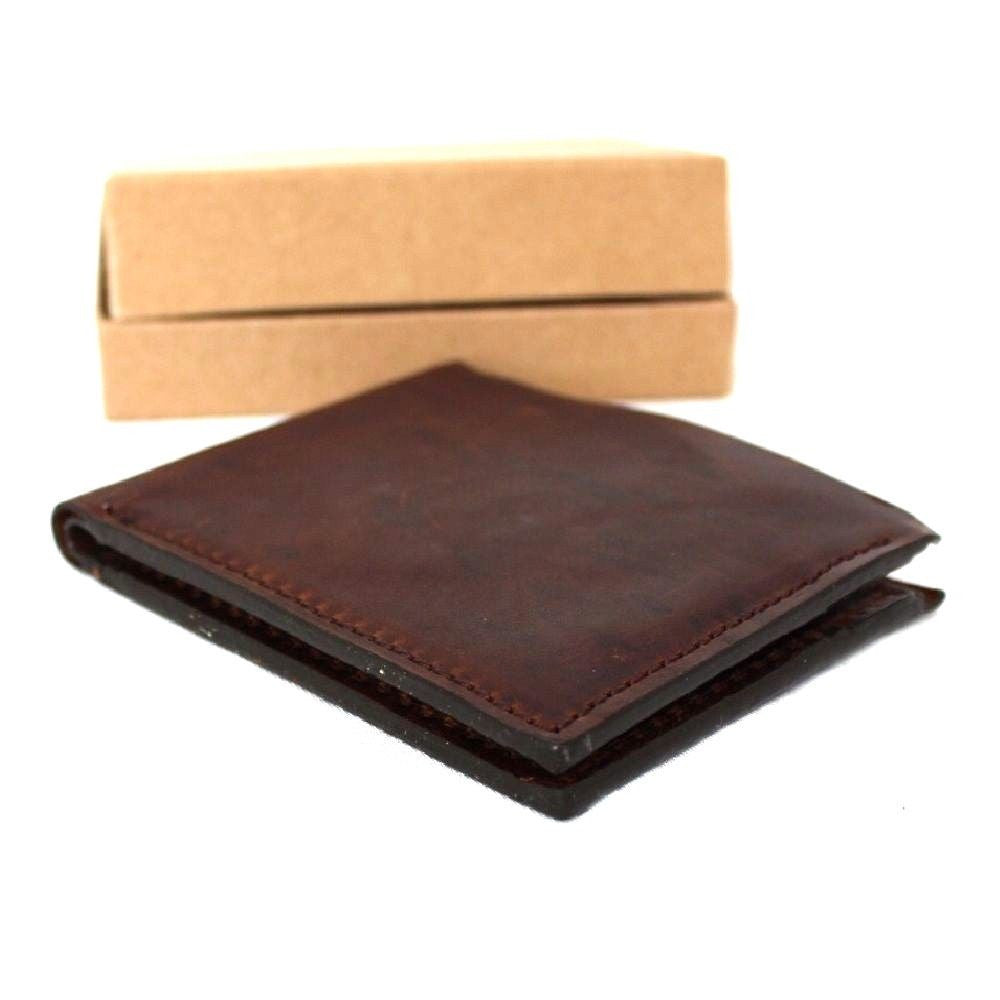 Men's brown DavisCase leather wallet with 4 credit card slots and a bill compartment, slim and handmade design.