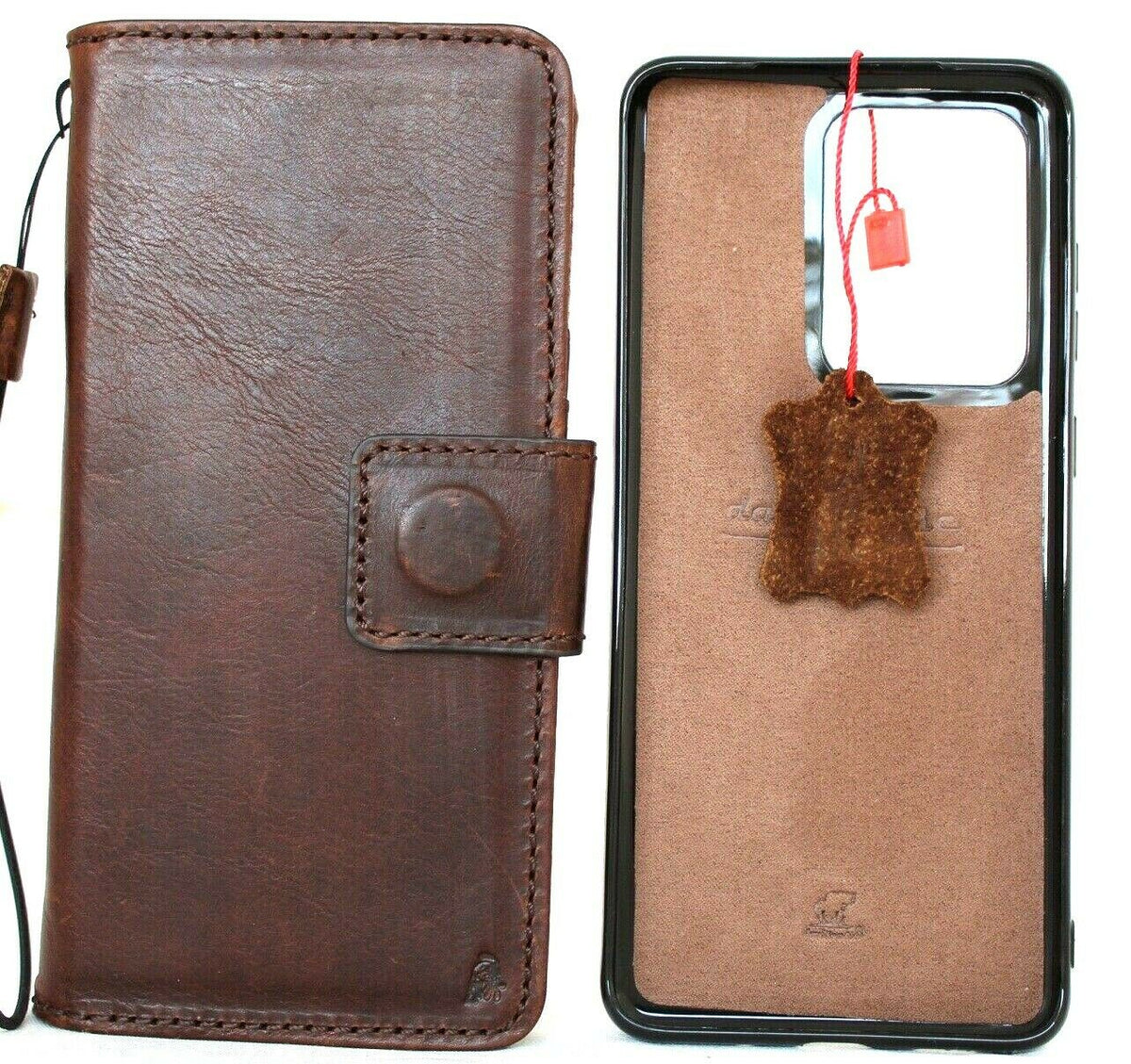 Vintage leather Samsung Galaxy S20 Ultra case by DAVISCASE with wallet slots, magnetic closure, and detachable holder.