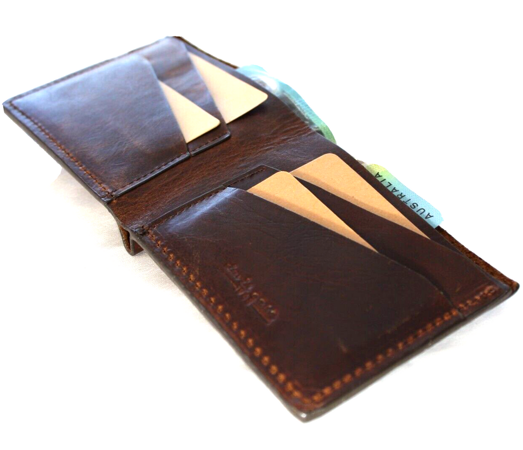 Men's genuine leather wallet by DAVISCASE with credit card slots, bill compartment, carved brown design, and textured cracks.