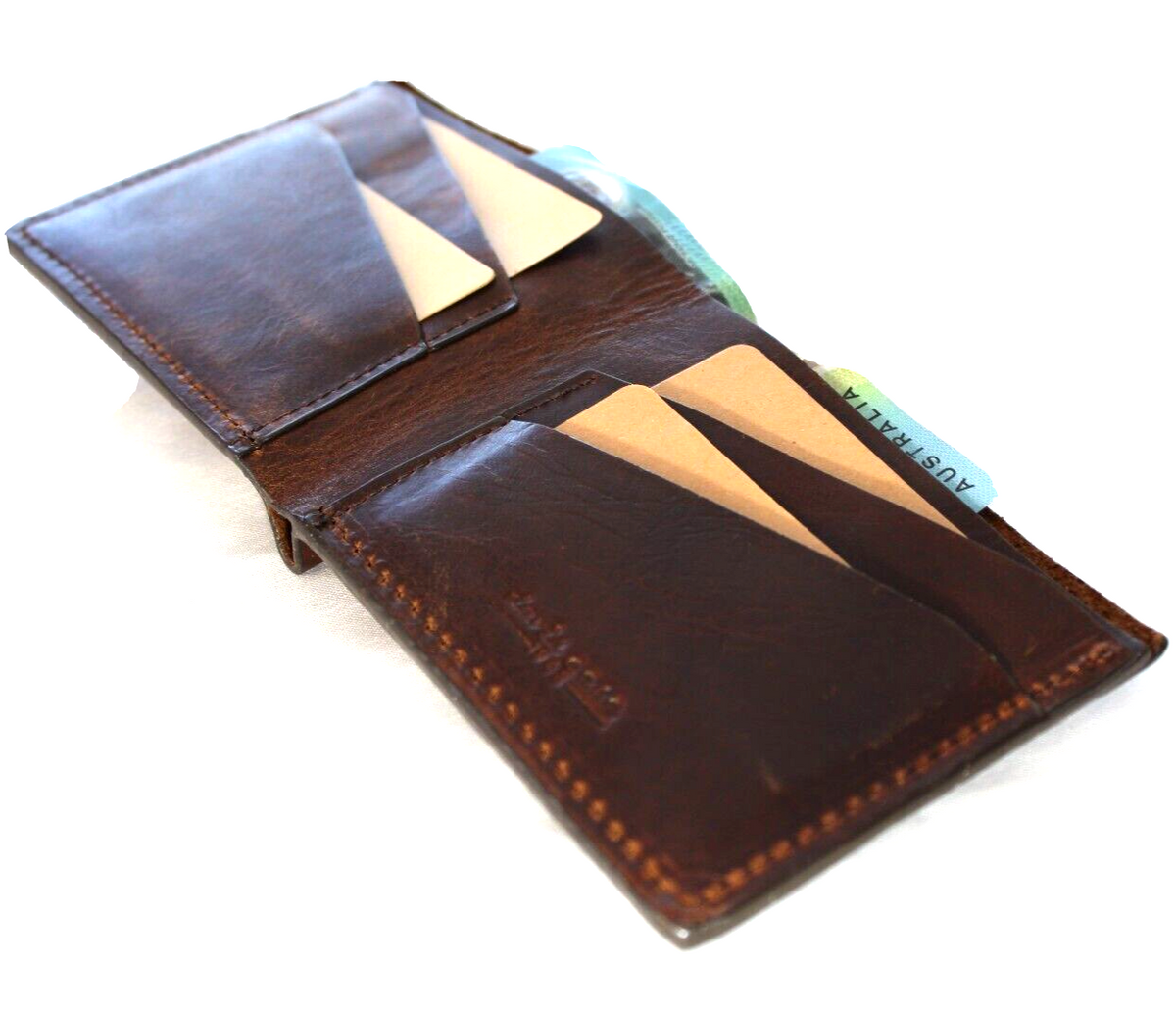 Men's genuine leather wallet by DAVISCASE with credit card slots, bill compartment, carved brown design, and textured cracks.