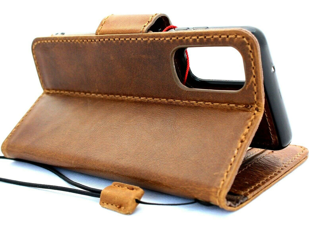 DavisCase genuine full leather wallet case for Samsung Galaxy S20, soft tan with removable slots and rubber holder, wireless charging compatible.
