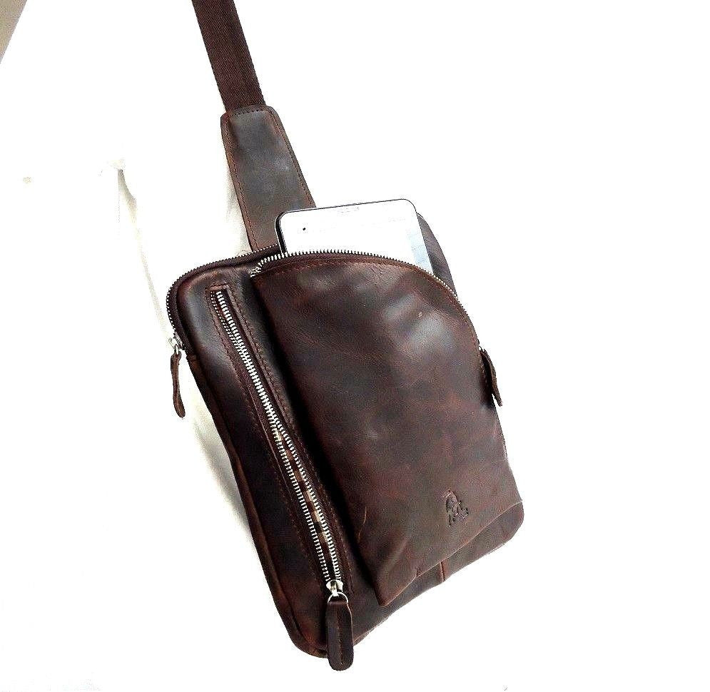 Brown DAVISCASE genuine leather messenger bag for men, designed for iPad, notebooks, and students, with a crossbody style.