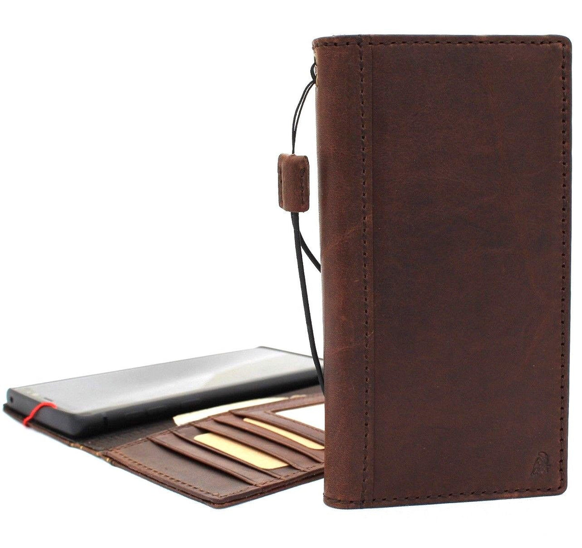 Dark brown genuine vintage leather Samsung Galaxy Note 9 wallet case with card slots, handmade by DAVISCASE.