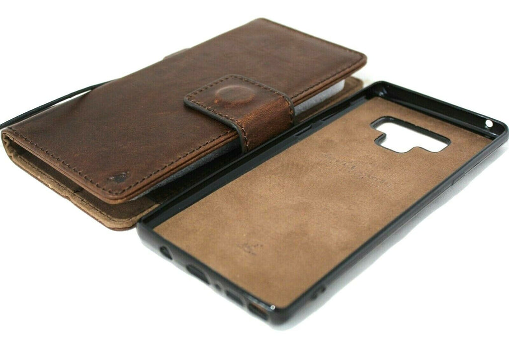 Genuine dark vintage leather Samsung Galaxy Note 9 wallet case with card slots, ID window, soft detachable cover, and wireless charging compatibility