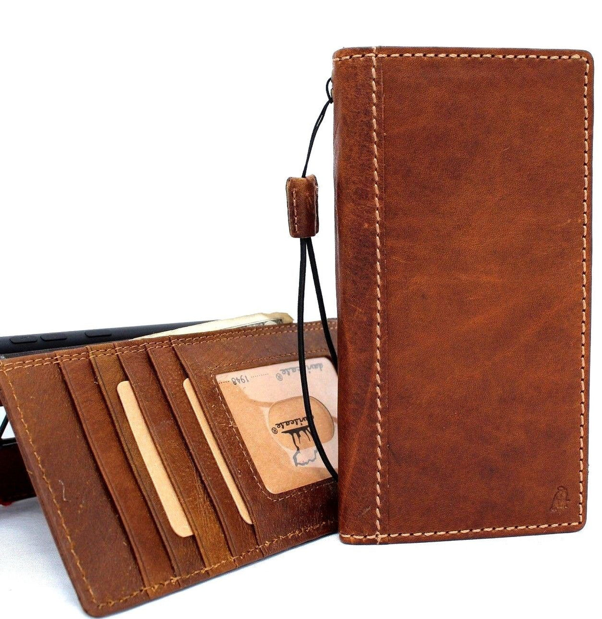 Vintage tan leather wallet phone case for Samsung Galaxy Note 9 with card slots and elastic strap, handmade by DavisCase.